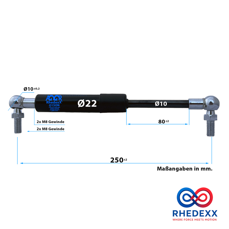 RhedexX® Gasdruckfeder mit M8 Kugelkopf 100N-1.250N 250mm/80mm – Bild 2