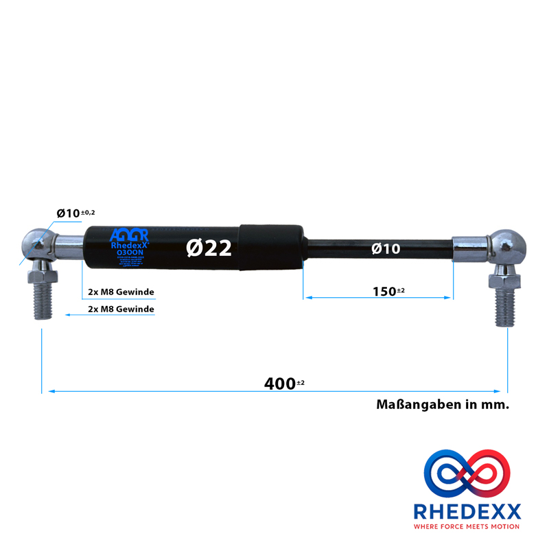RhedexX® Gasdruckfeder mit M8 Kugelkopf 100N-1.250N 400mm/150mm – Bild 2